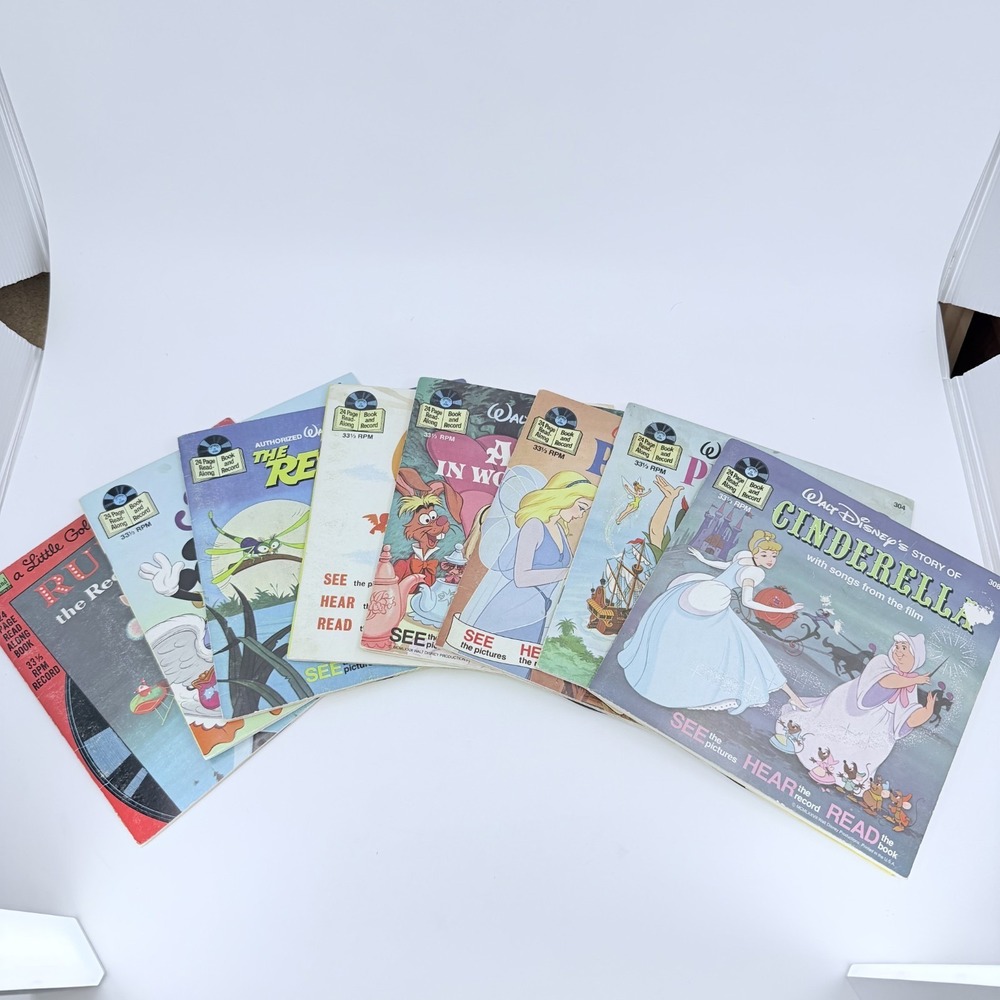 8 VTG Walt Disney See Hear Read Along Books Cinderella Rudolph Peter‎ Pan